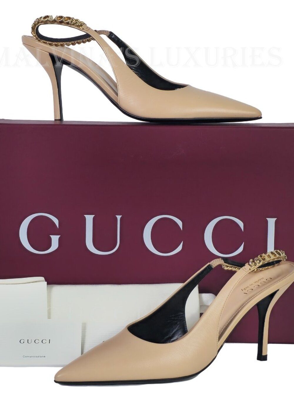 GUCCI SHOES SIGNORIA LEATHER w LOGO CHAIN SLINGBACK PUMPS sz 38.5 8.5 - Picture 5 of 17